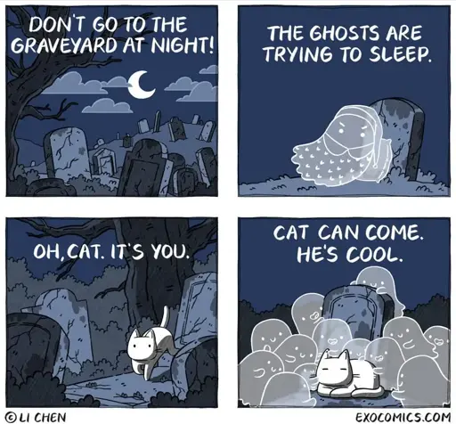 Scenes from a spooky graveyard. Narrator: Don't go into the graveyard at night! The ghosts are trying to sleep. Oh, cat. It's you. Cat can come. He's cool.